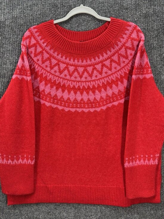 Talbots Sweaters - Talbots Fair Isle Sweater Womens 2X Red Pink Wool Blend Crew Neck Side Splits